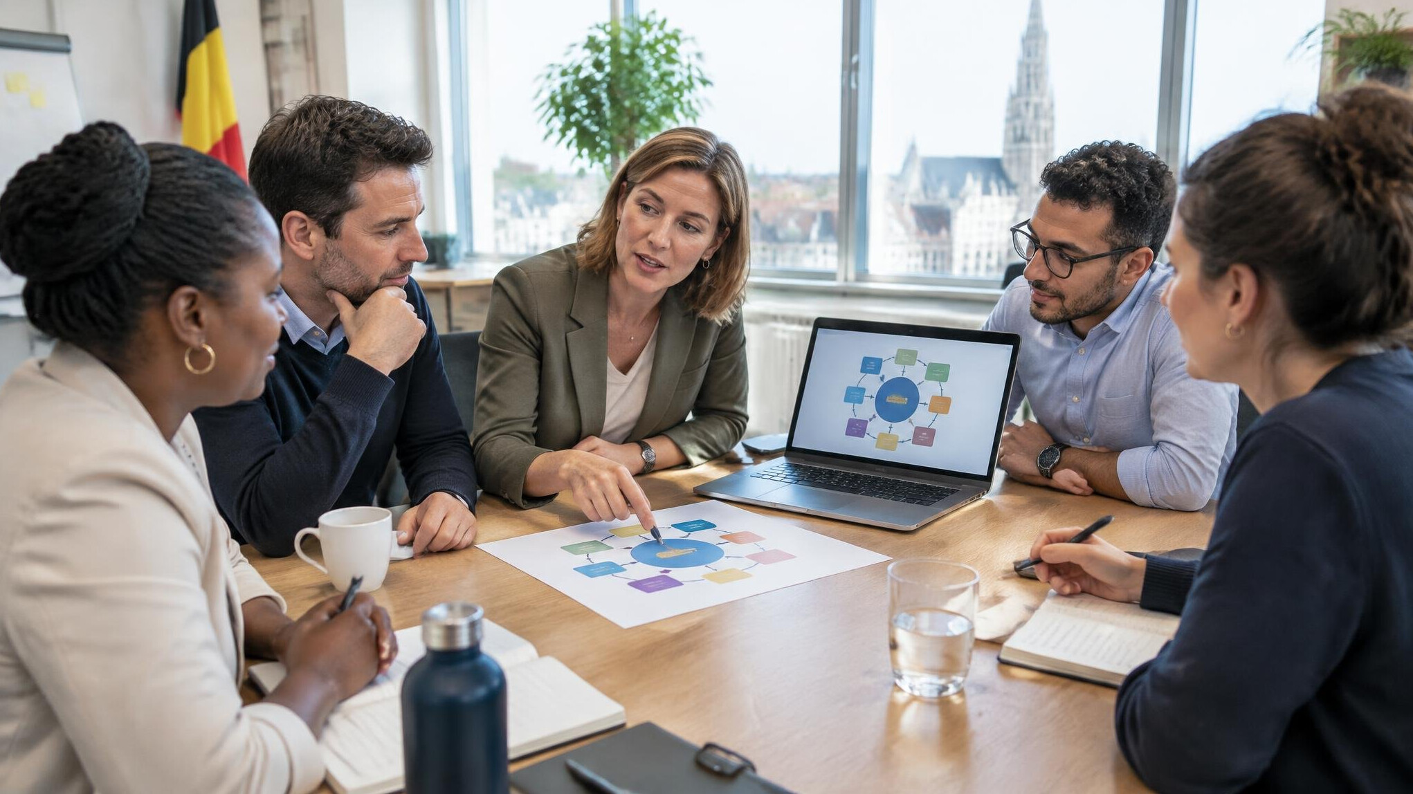 Diverse team of professionals discussing a management framework diagram in a meeting room
