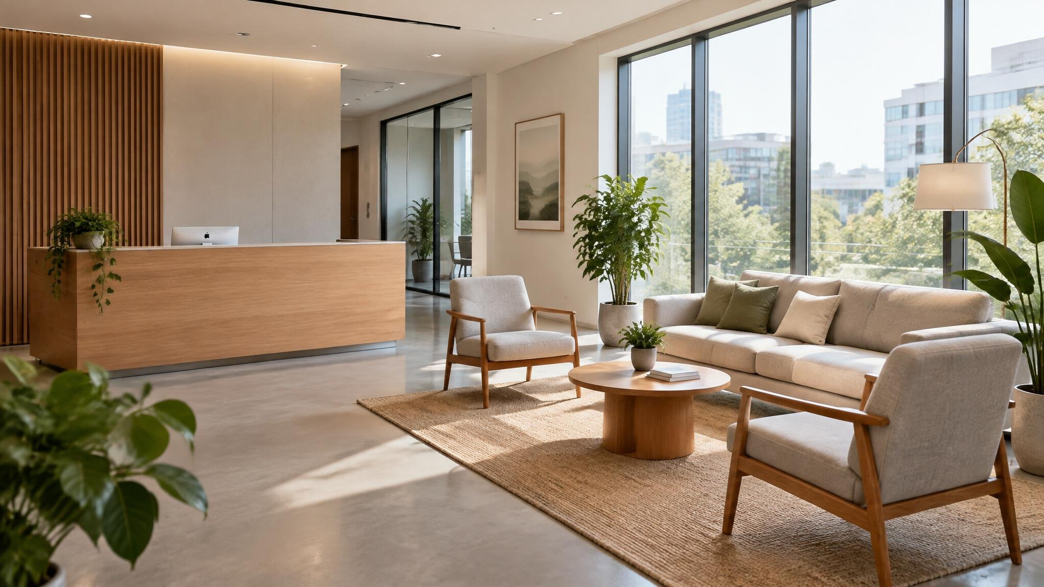 Modern office reception area with seating